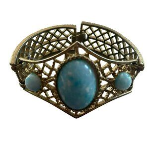 Unique Vintage Gold-Tone Filigree Cuff Bracelet With Turquoise Blue Cabochon Sto